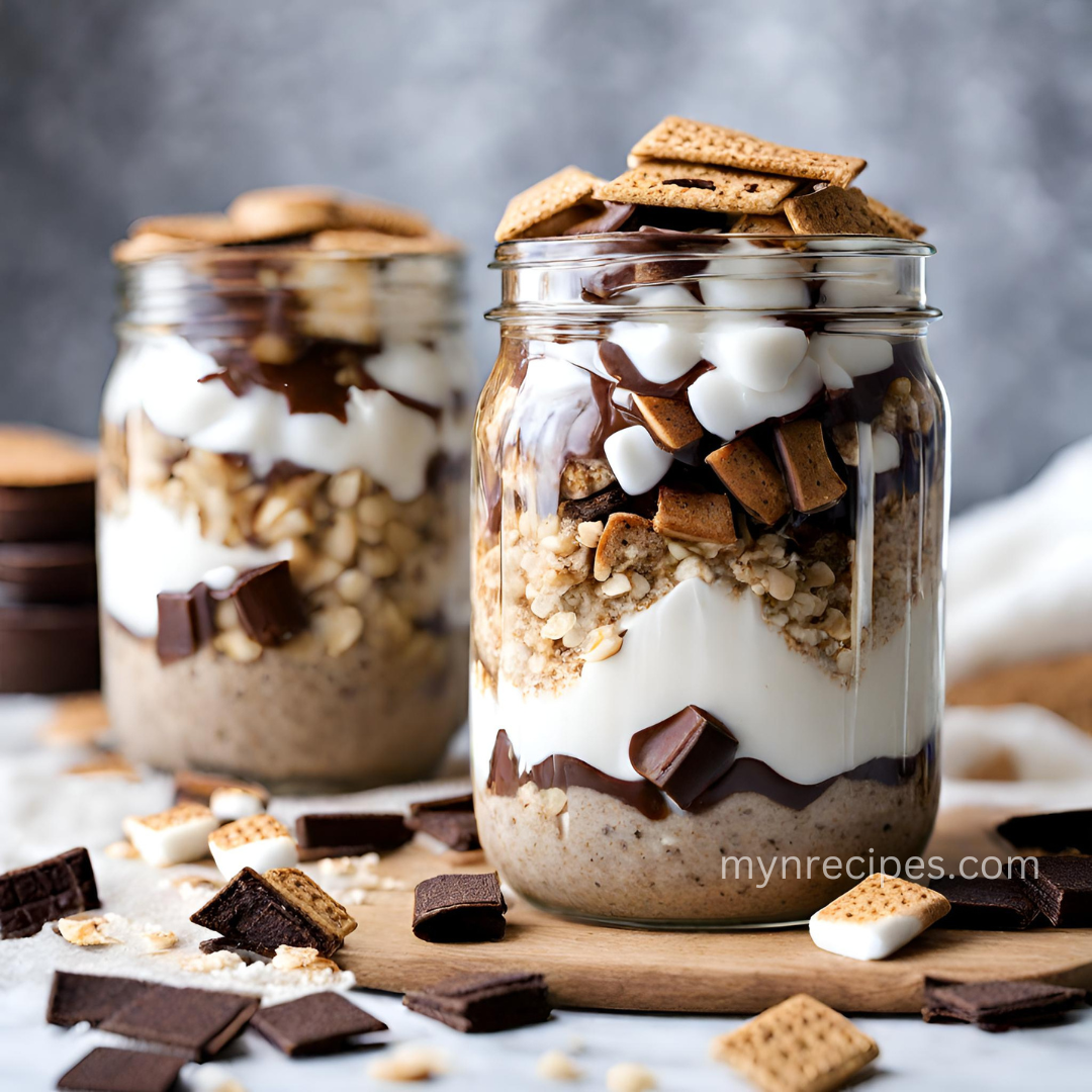 Overnight S'mores Delight Indulge in the nostalgic flavors of s'mores without the campfire hassle with this delectable Overnight Oats recipe. Packed with wholesome oats, rich cocoa powder, and a touch of sweetness, this dish is a delightful treat for a quick and nutritious breakfast. The S'mores Overnight Oats recipe was invented to provide a quick, easy, and delicious way to enjoy the flavors of s'mores without the hassle of making a campfire. It is a popular breakfast or snack option because it is packed with whole grains, protein, and fiber, and it is also low in calories and fat. Here are some of the reasons why S'mores Overnight Oats recipe is so popular: It is easy to make. The recipe only requires a few simple ingredients and takes about 5 minutes to prepare. It is delicious. It tastes just like a s'more, but it is healthier and more convenient. It is portable. You can easily pack S'mores Overnight Oats in a jar or container for a quick and healthy breakfast or snack on the go. It can be customized. You can add your own personal touches to the recipe, such as different types of chocolate chips, marshmallows, or nuts. It is a healthy option. S'mores Overnight Oats are a good source of whole grains, protein, and fiber. They are also low in calories and fat. If you are looking for a delicious, healthy, and easy breakfast or snack option, then S'mores Overnight Oats is a great recipe to try. About Time: Prep Time: 15 mins Cook Time: 15 mins Total Time: 30 mins Yield: 1 Serving Total syns per serving: 7 Ingredients: 40g (1.5 oz) rolled oats - 2 syns ½ cup (120ml) fat-free vanilla yoghurt (not Greek)- 1 syn ½ teaspoon pure vanilla extract - 0 syns ¾ tablespoon sukrin:1 (a zero-calorie sweetener) - 0 syns ½ level tablespoon unsweetened cocoa powder - 0 syns 1 low-calorie cookie - 1 syn 10g (0.5oz) mini marshmallows - 2 syns 4g (0.14oz) chocolate chips - 1 syn Total syns per serving: 7 Go to the next page to get the Instructions Instructions: In a mixing bowl, combine the rolled oats, vanilla yoghurt, vanilla extract, cocoa powder, and sukrin:1. If the mixture seems too thick, add a little more yoghurt until desired consistency is achieved. Divide the oat mixture evenly into two glasses or jars. In each glass, layer half of the mini marshmallows. Top each glass with the remaining oat mixture. Sprinkle the remaining mini marshmallows, chocolate chips, and crumble the low-calorie cookie over the top of each glass. Refrigerate overnight or for at least 4 hours to allow the oats to soften and the flavors to meld. Nutritional Information: Servings: 1 Serving Size: 1 glass Per Serving: Calories: 281 Total Fat: 5.6g Saturated Fat: 1.7g Sodium: 107mg Carbohydrates: 47.4g Fiber: 4.7g Sugar: 15.7g Enjoy this s'mores-inspired breakfast delight for a burst of flavor and a boost of energy to fuel your day.