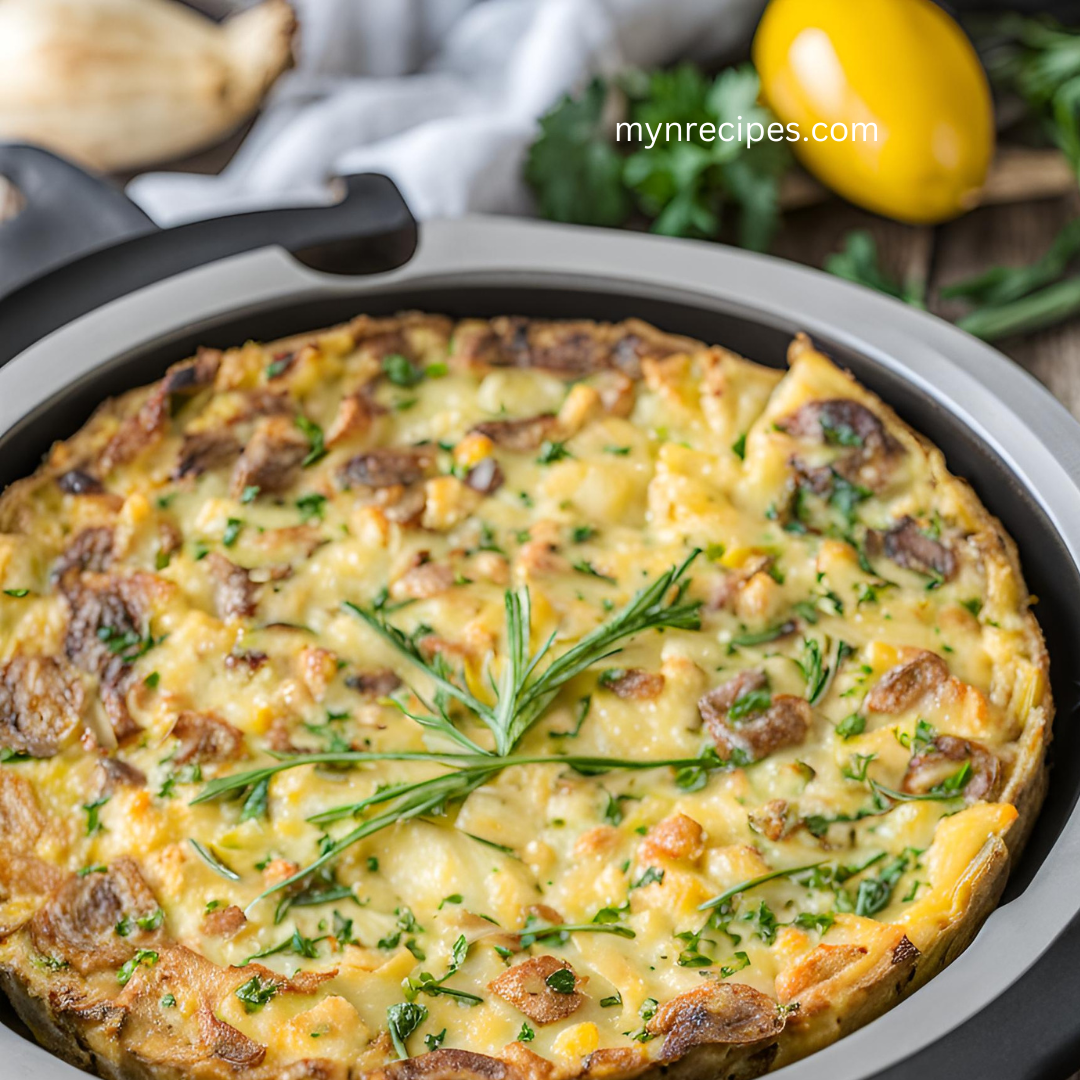 Air Fryer Frittata Craving a hearty vegetarian meal that's packed with flavor and easy to make? Look no further than this Air Fryer Potato and Onion Frittata. This delicious dish combines fluffy potatoes, caramelized onions, and a light egg custard for a satisfying and comforting meal. Perfect for a quick weeknight dinner or a leisurely brunch, this frittata is sure to impress. Let's get started! Yields: 6 servings Prep time: 25 minutes Cook time: 15-20 minutes Ingredients: 350 grams new potatoes, cooked and sliced 2 onions, halved and thinly sliced 8 eggs Salt and pepper to taste Chopped fresh parsley, for garnish (optional) Low-calorie cooking spray or vegetable oil Instructions: Prepare the ingredients: Cook the potatoes and slice them. Slice the onions. Season the potatoes and onions: Toss the cooked potatoes and sliced onions in a bowl with a sprinkle of salt and pepper. Whisk the eggs: In a separate bowl, whisk the eggs and season with salt and pepper. Combine ingredients: Add the seasoned potatoes and onions to the whisked eggs and mix well. Coat the air fryer basket: Spray the air fryer basket with cooking spray. Add the mixture: Pour the egg and potato mixture into the air fryer basket. Cook: Cook in the air fryer at 350°F (175°C) for 15-20 minutes, or until the frittata is set and golden brown. Serve: Let the frittata cool slightly before serving. Garnish with chopped parsley, if desired. Tips: For a crispier exterior, you can broil the frittata in the air fryer for a few minutes after cooking. For added flavor, consider adding cooked bacon, sausage, or vegetables to the mixture. Leftovers can be stored in the refrigerator for up to 3 days and reheated in the air fryer.